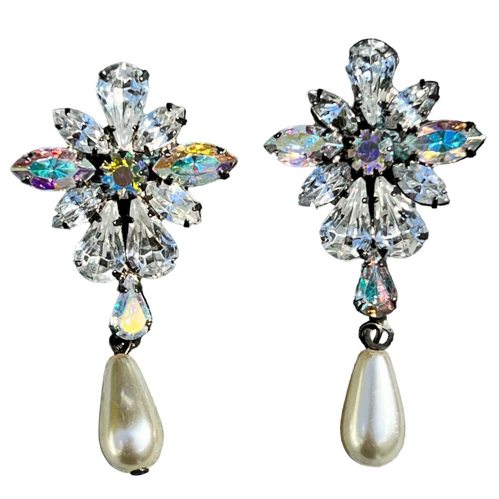 Vtg Tear Drop Pierced Earrings Opalescent‎ Rhinestone Faux Pearl Bride Jewelry